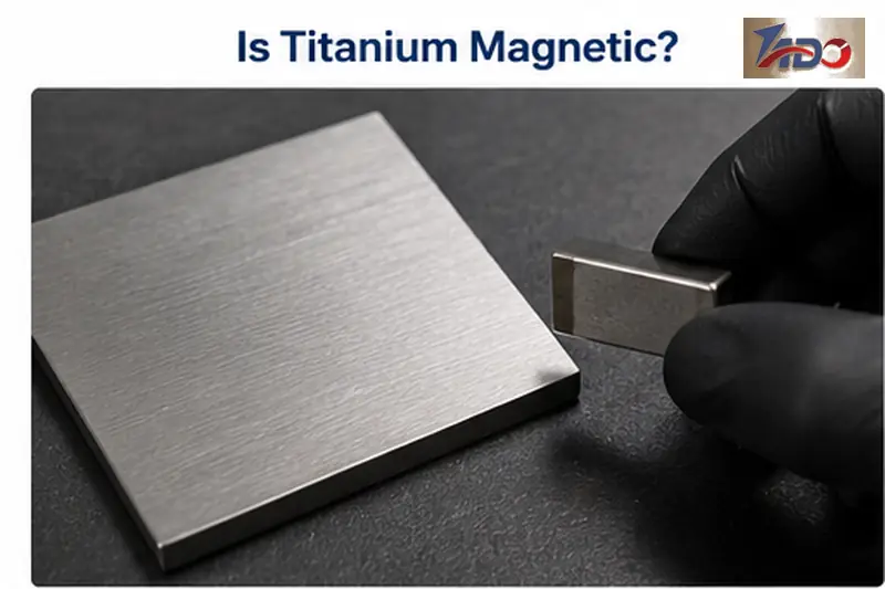 Titanium metal shown with a magnet to illustrate that titanium is weakly paramagnetic and not strongly attracted to magnets