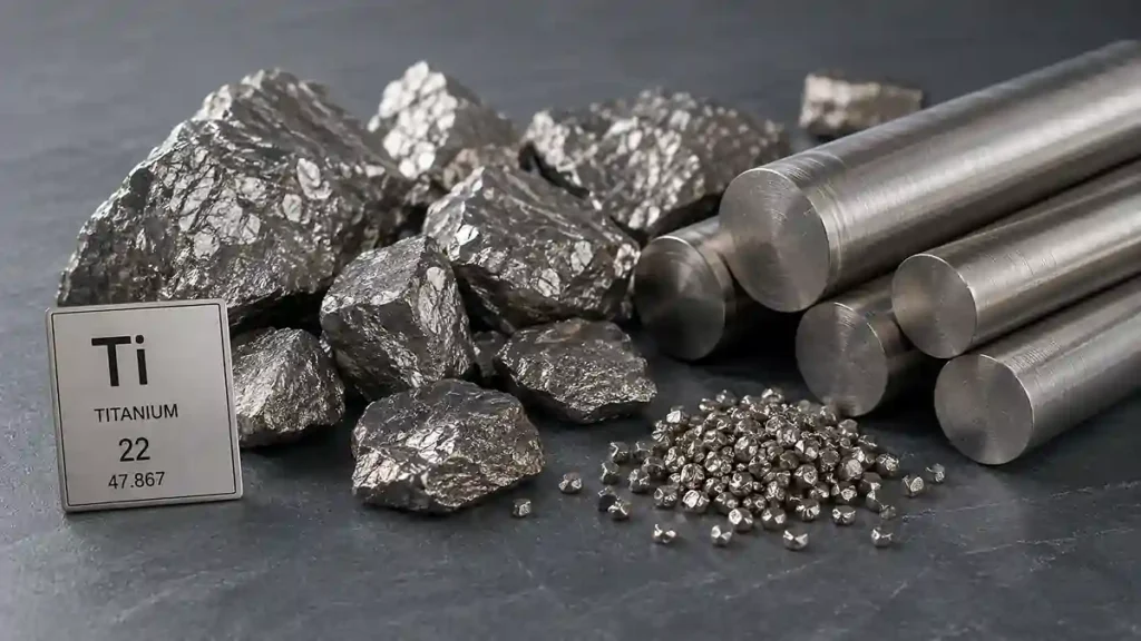 Raw titanium metal and titanium bars showing the natural silver-gray appearance of titanium.
