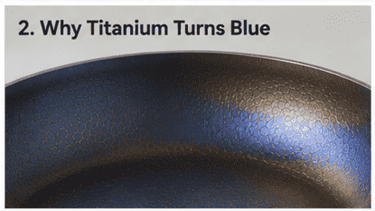 Blue purple and gold heat tint on titanium cookware surface