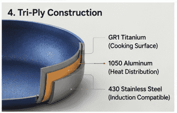 TADO tri-ply cookware structure with GR1 titanium 1050 aluminum and 430 stainless steel