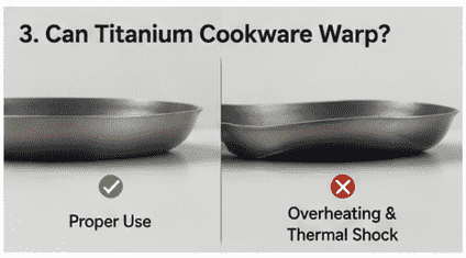 Titanium cookware warping comparison showing proper use and thermal shock