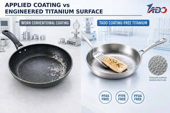 Worn conventional nonstick coating compared with TADO coating-free hammered titanium cookware