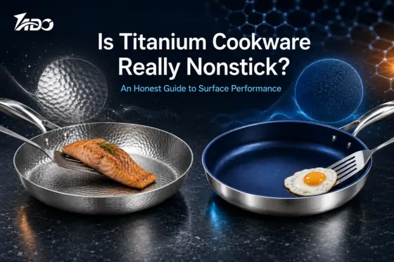 TADO hammered and blue-surface titanium frying pans demonstrating easier food release
