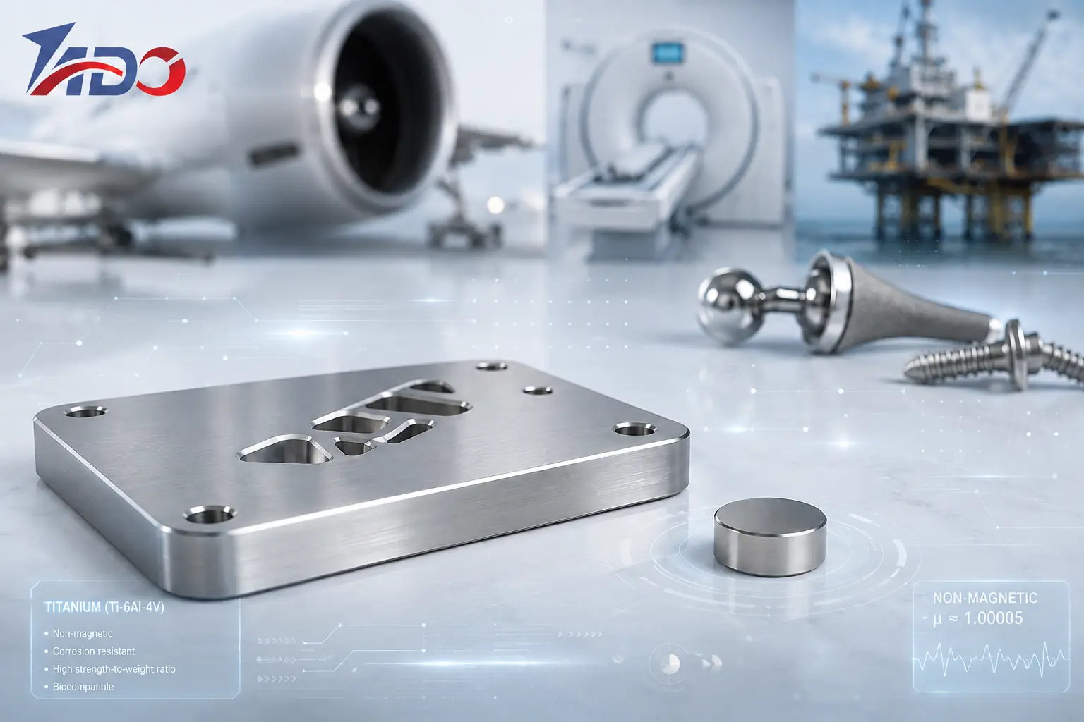 Titanium high-performance engineering material shown with aerospace, MRI, medical and industrial applications to illustrate its weak magnetic response