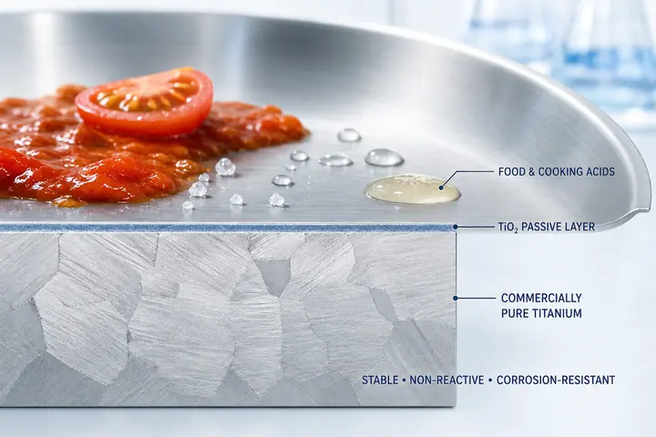Cutaway view of a pure titanium cookware surface protected by a thin TiO₂ passivation layer. A thin, naturally formed TiO₂ passivation layer helps protect the pure titanium cooking surface from food acids, moisture and corrosion.