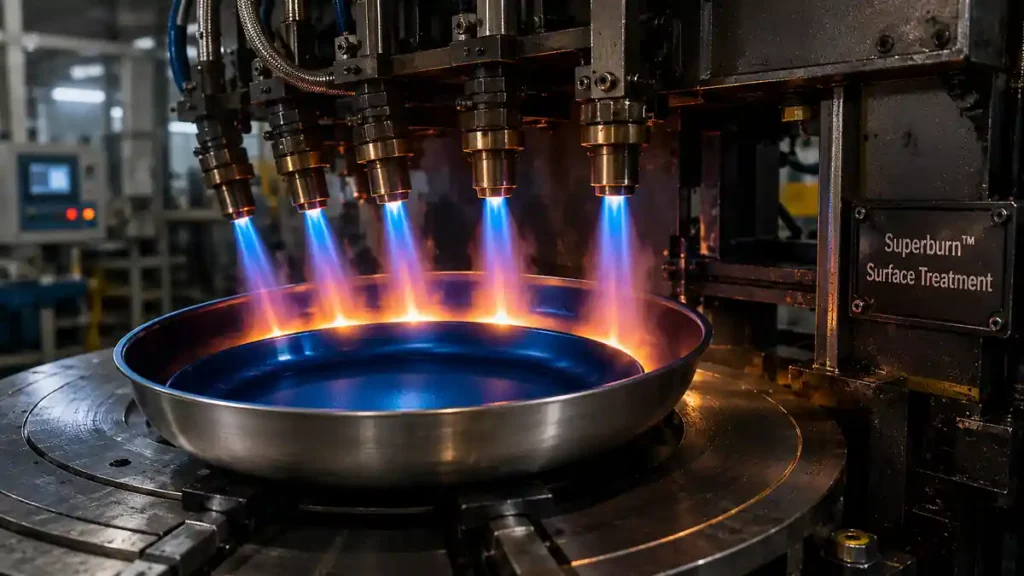 High-temperature Superburn surface treatment process applied to a blue titanium cookware surface.
