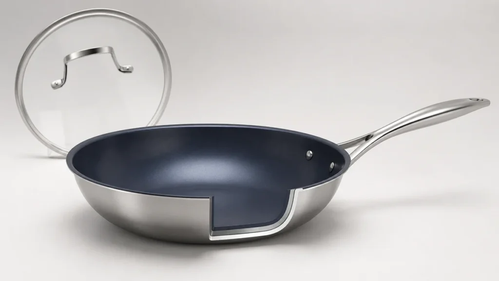 Cutaway view of TADO 3-ply titanium cookware with titanium, aluminum, and stainless steel layers