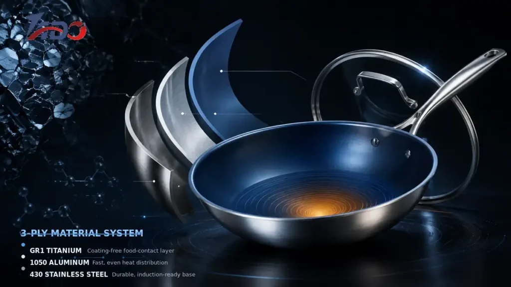 TADO 3-ply titanium cookware with GR1 titanium, 1050 aluminum and 430 stainless steel layers
