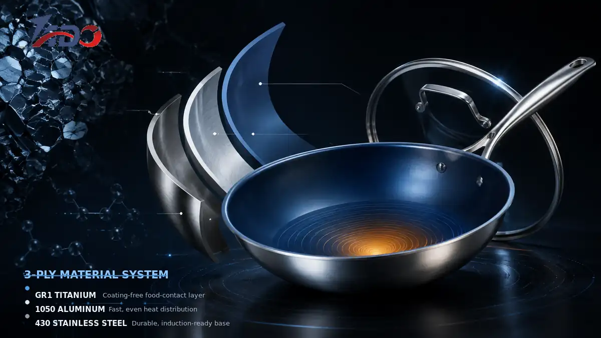 TADO 3-ply titanium cookware with GR1 titanium, 1050 aluminum and 430 stainless steel layers
