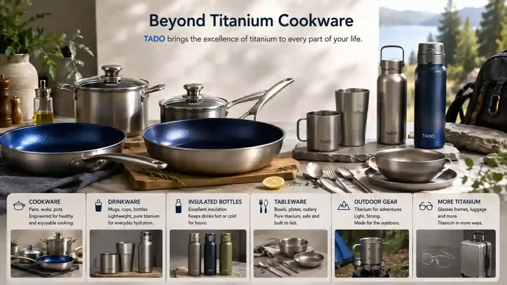 TADO titanium product collection including cookware, drinkware, insulated bottles, tableware and outdoor titanium products.