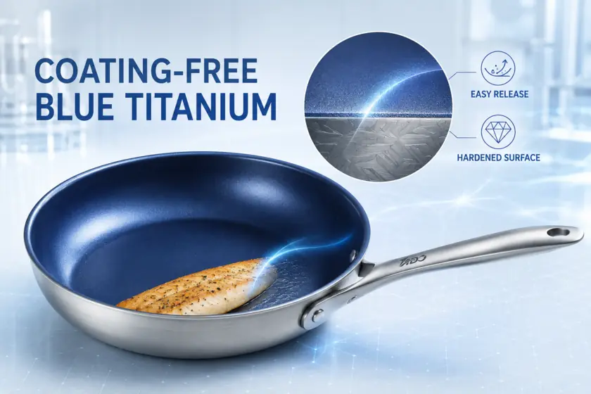 TADO Blue Gloss Series uses a high-temperature strengthened titanium surface to support easier food release and improved wear resistance without a conventional nonstick coating.