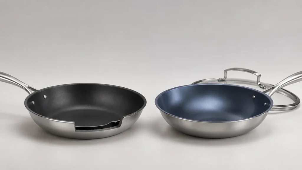Comparison of conventional coated cookware and the TADO coating-free titanium cooking surface