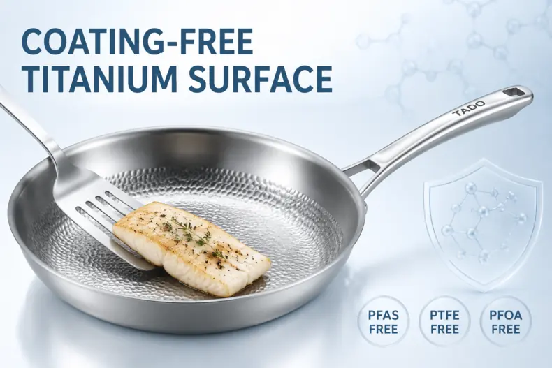 TADO Hammered Pure Titanium Cookware Series features a Grade 1 titanium food-contact surface designed for easier food release without conventional PFAS, PTFE or PFOA nonstick coatings.