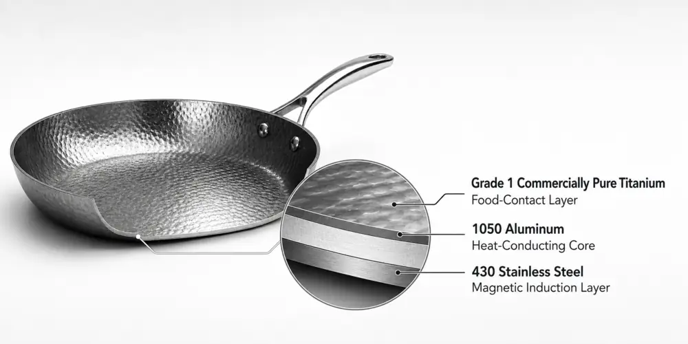 TADO hammered titanium tri-ply cookware with Grade 1 titanium, 1050 aluminum and 430 stainless steel layers