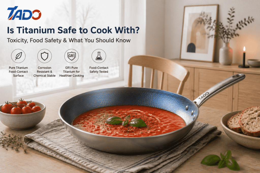 TADO GR1 titanium frying pan showing a pure titanium food-contact surface for safe everyday cooking