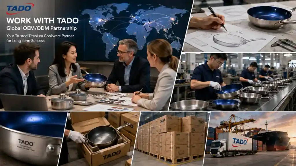 TADO titanium cookware OEM and ODM partnership covering product design, manufacturing, quality control, packaging and global delivery.