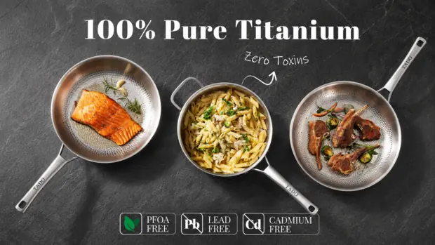 hree TADO pure titanium hammered pans featuring durable cooking surfaces for preparing salmon, pasta, meat and other everyday meals.