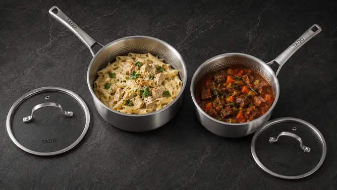 TADO pure titanium hammered saucepan set with glass lids, creamy chicken pasta and beef stew.