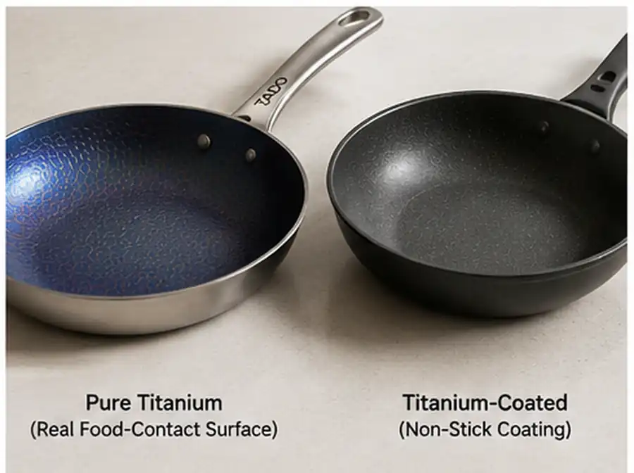 Pure titanium cookware vs titanium-coated cookware showing different food-contact surfaces