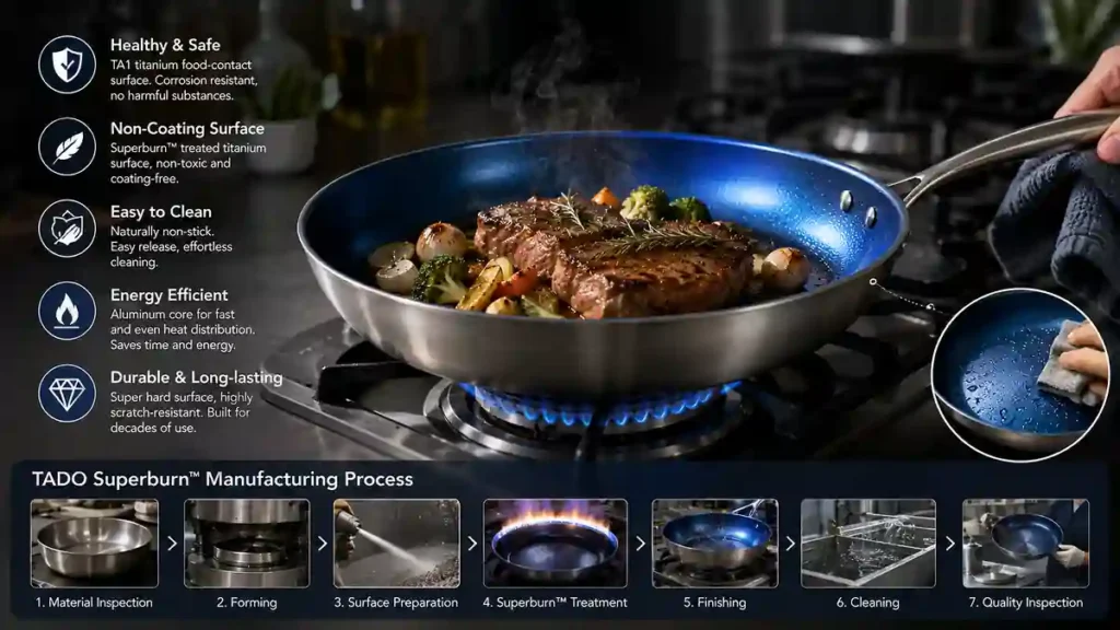 TADO titanium cookware manufacturing process from material inspection and forming to Superburn surface treatment and quality inspection.
