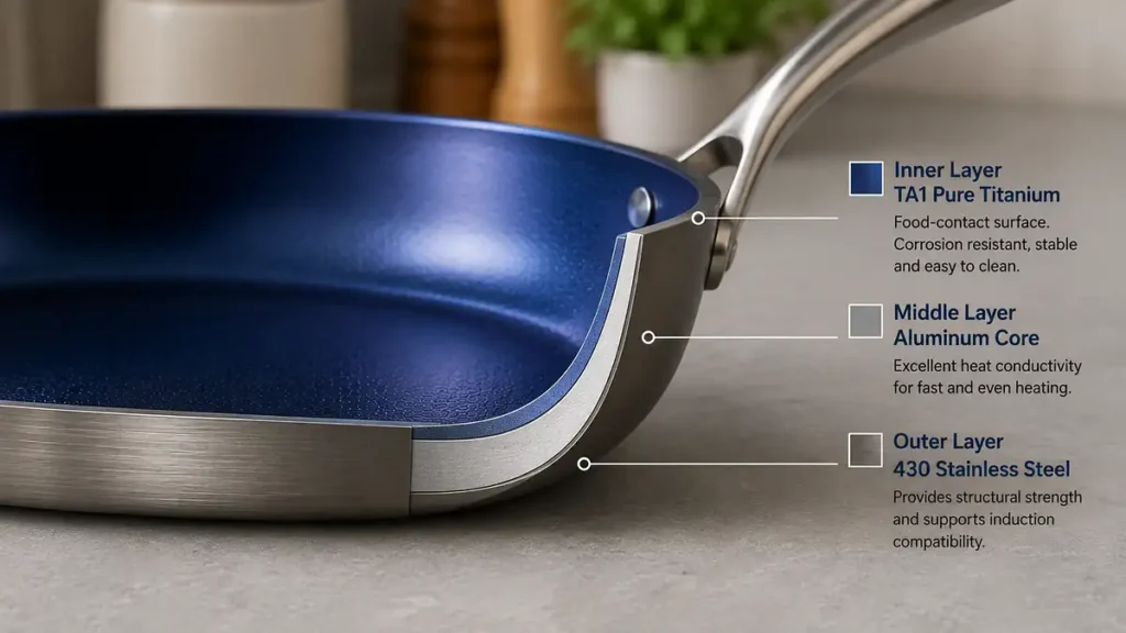 Cutaway view of TADO cookware showing TA1 pure titanium, aluminum core and 430 stainless steel three-layer construction.