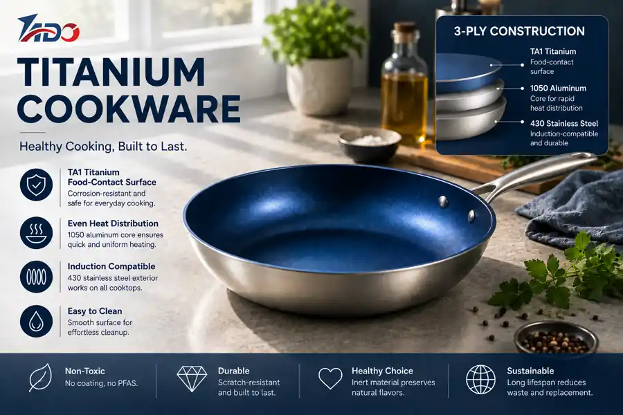 TADO titanium cookware with TA1 titanium, 1050 aluminum core and 430 stainless steel 3-ply construction
