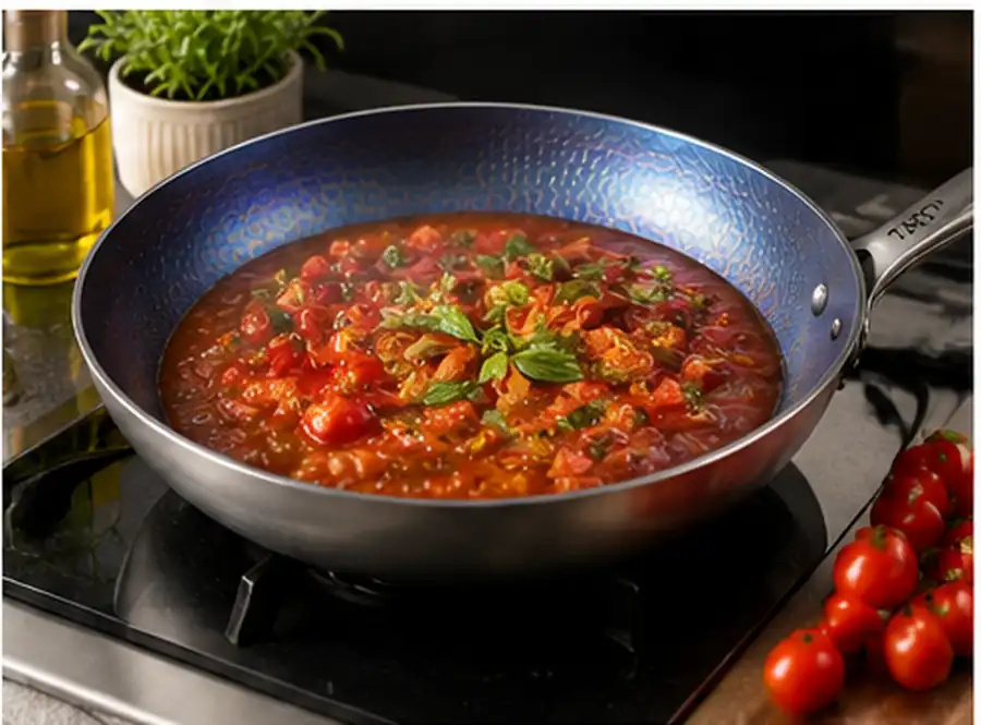 Tomato sauce cooking in TADO titanium cookware showing use with acidic foods