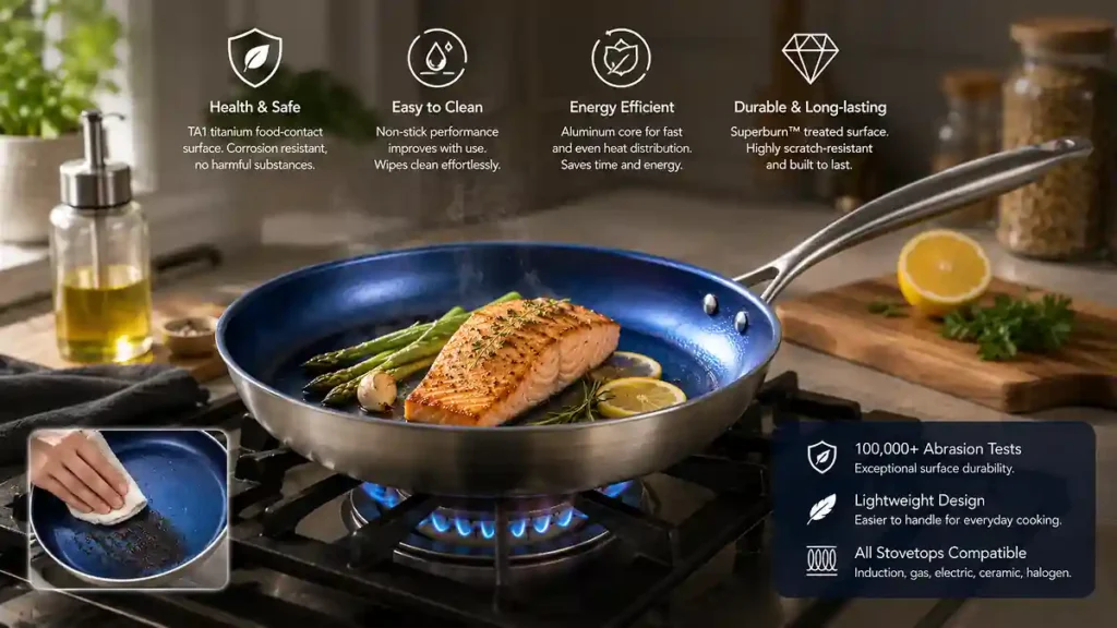 Cutaway view of TADO cookware showing TA1 pure titanium, aluminum core and 430 stainless steel three-layer construction.