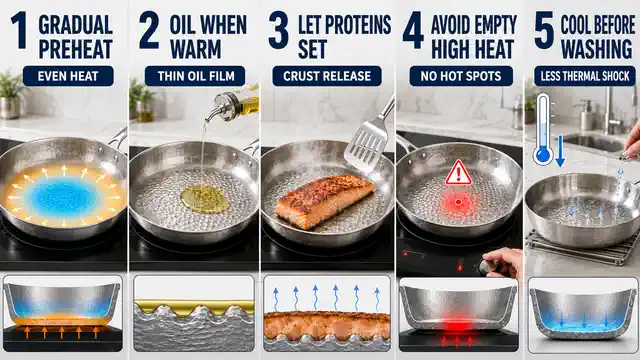 A technical five-step guide explaining heat distribution, oil-film formation, protein setting, local overheating prevention and thermal-shock reduction when using pure titanium cookware.
