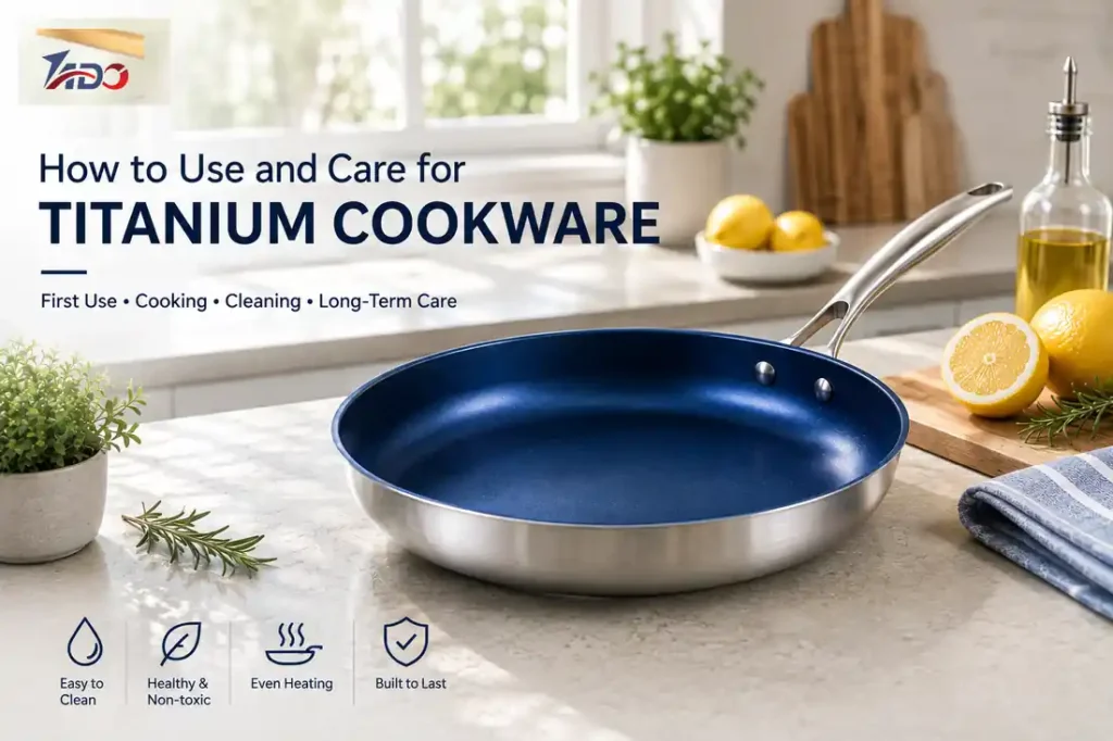 TADO titanium cookware use and care guide showing a blue titanium frying pan in a modern kitchen