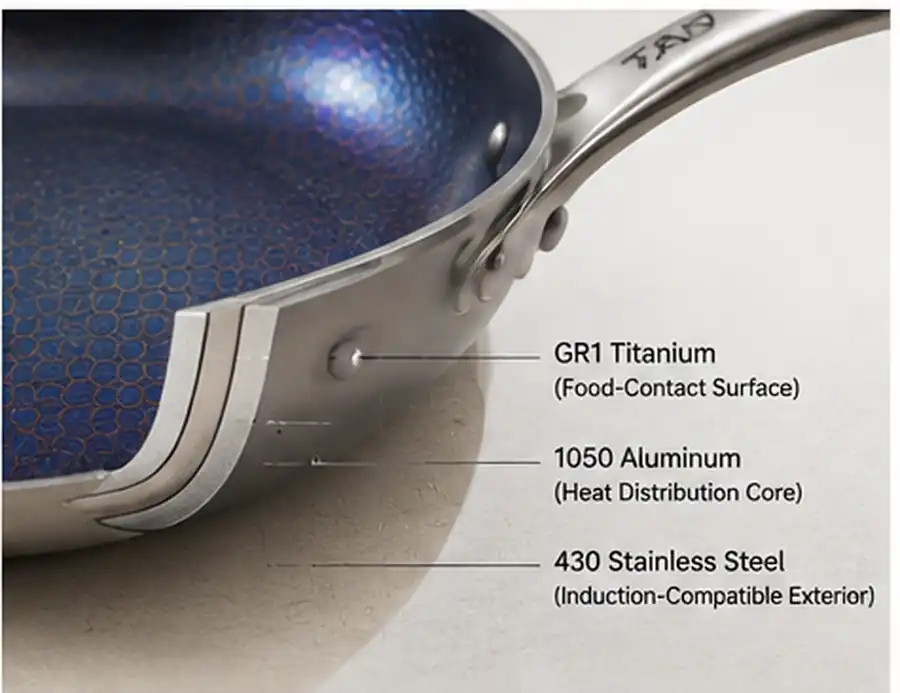 TADO tri-ply titanium cookware with GR1 titanium aluminum core and 430 stainless steel layers