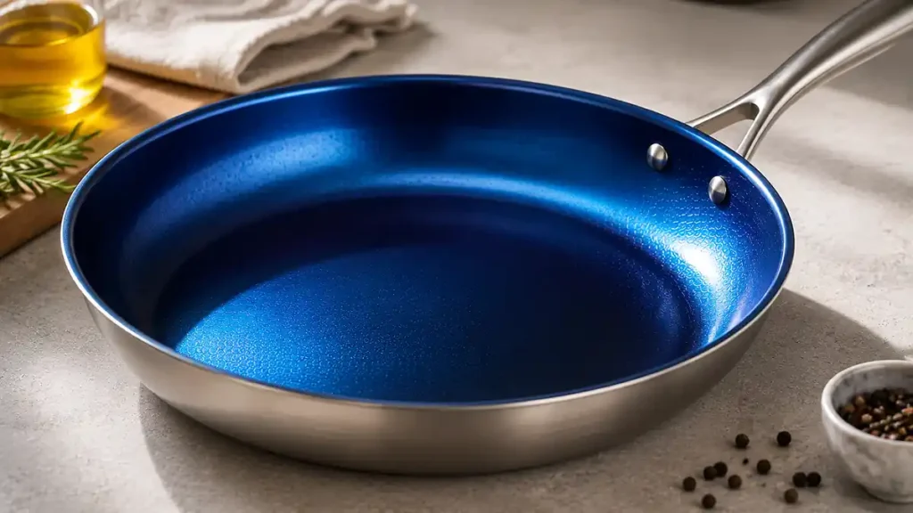 Close-up of TADO blue titanium cooking surface showing its metallic texture and reflective finish.