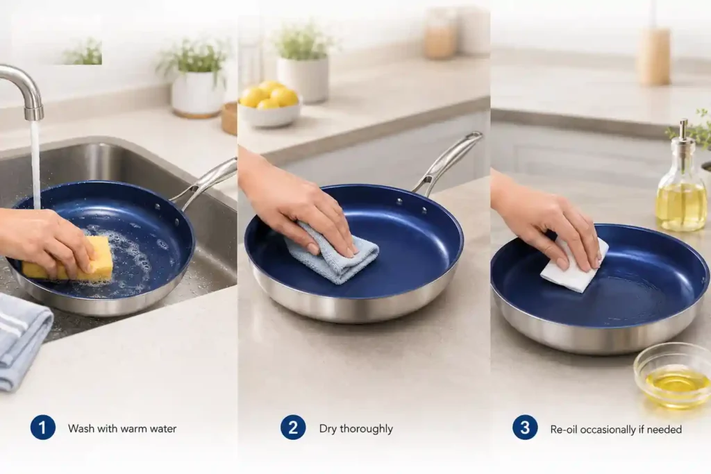 Titanium cookware care guide showing three steps: washing with warm water, drying thoroughly, and occasional re-oiling for long-lasting performance.