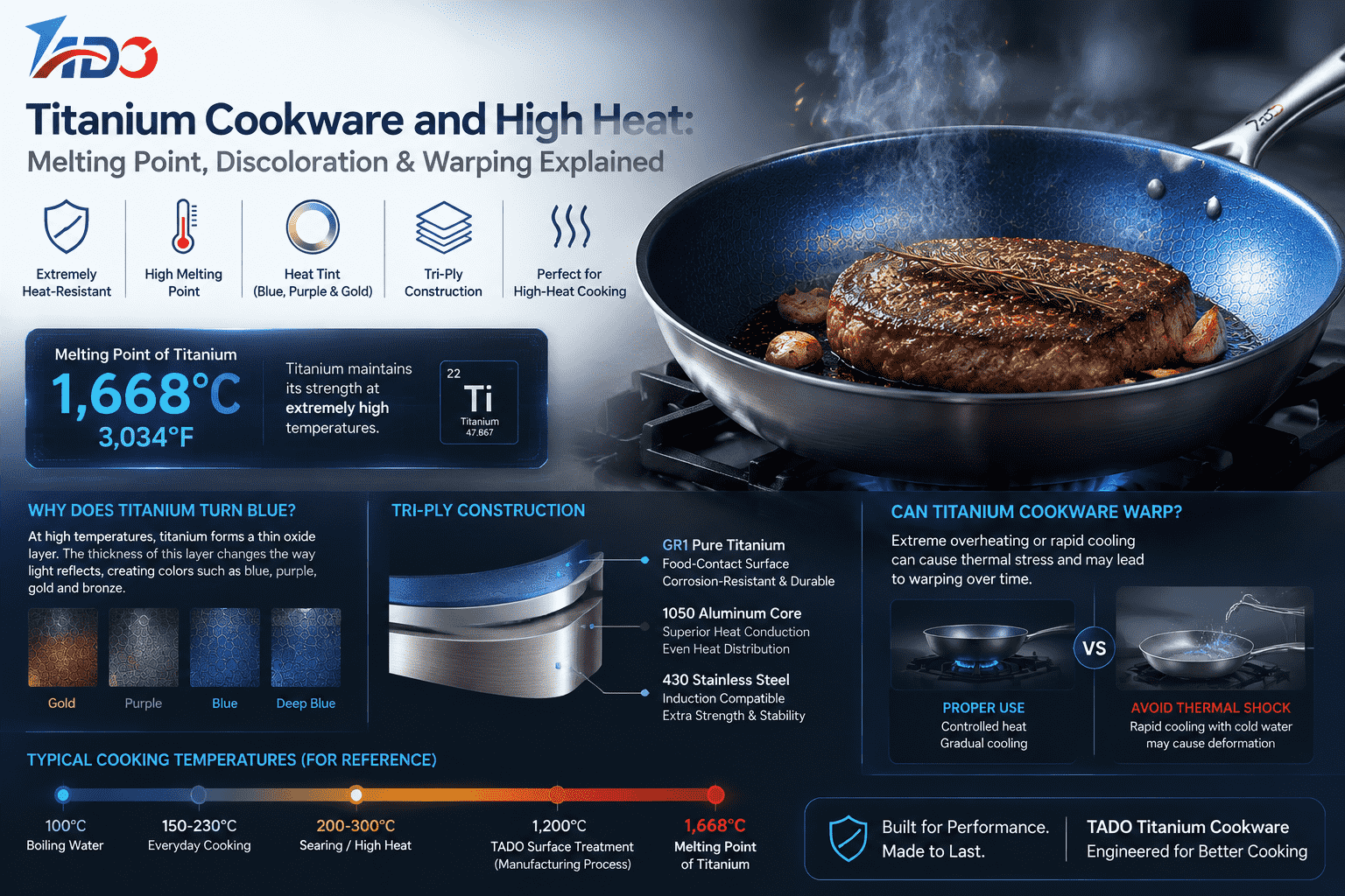 TADO titanium cookware high heat performance showing melting point, heat tint, tri-ply construction and thermal stability