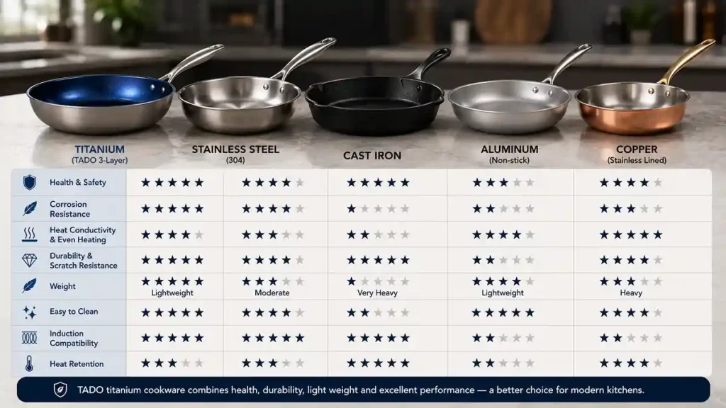 Titanium cookware compared with stainless steel, cast iron, aluminum and copper frying pans.