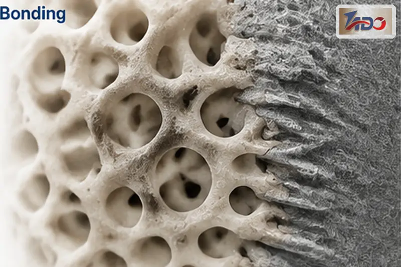 Titanium implant surface showing osseointegration and direct bone contact in biomedical applications