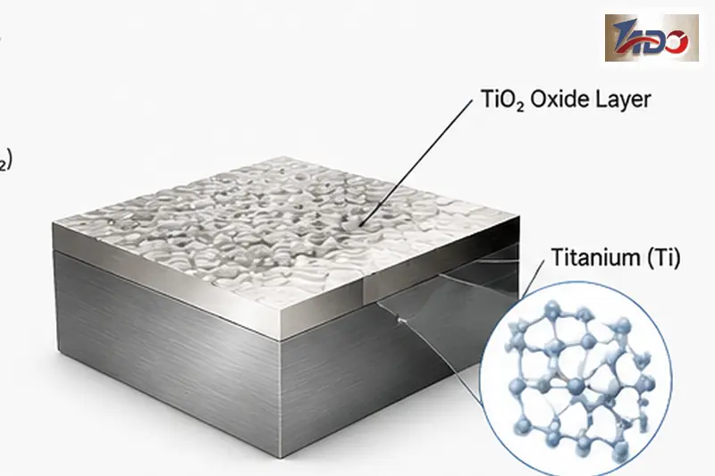 Titanium oxide layer (TiO2) protecting titanium surface from corrosion and supporting biocompatibility
