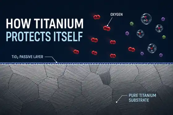 Oxygen forming a thin titanium dioxide passive layer over a pure titanium substrate