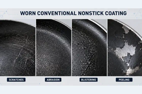 Close-up comparison showing four types of wear on conventional coated cookware: surface scratches, abrasion, blistering and coating peeling. The image illustrates why cookware buyers should examine cooking-surface construction and long-term durability.