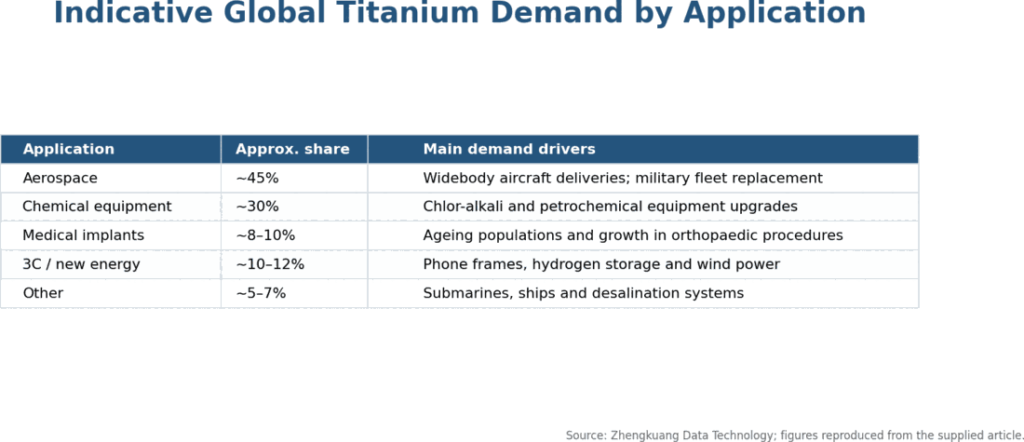 Indicative global titanium demand shares by aerospace, chemical, medical and new-energy applications