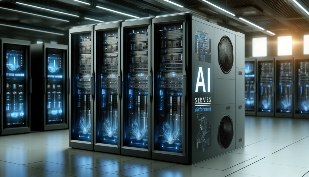 AI server racks in a data center illustrating high-performance computing infrastructure for artificial intelligence workloads.