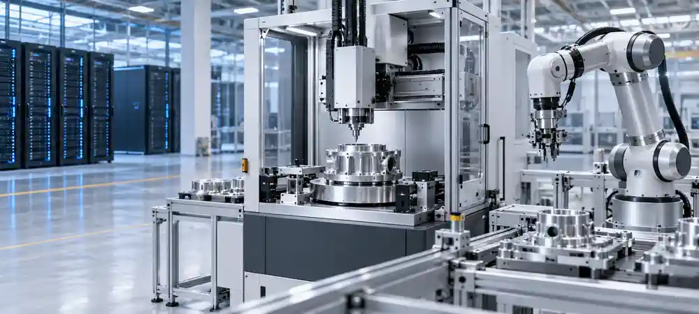 High-performance computing racks and precision manufacturing equipment in an advanced industrial hardware facility.