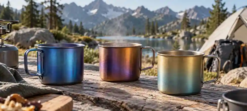 Blue, bronze and gold anodized titanium cups displayed in a realistic outdoor camping environment.