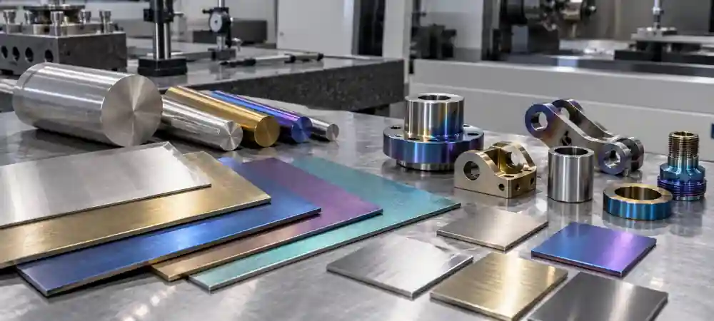 Anodized titanium sheets, rods and precision components showing natural oxide interference colors.