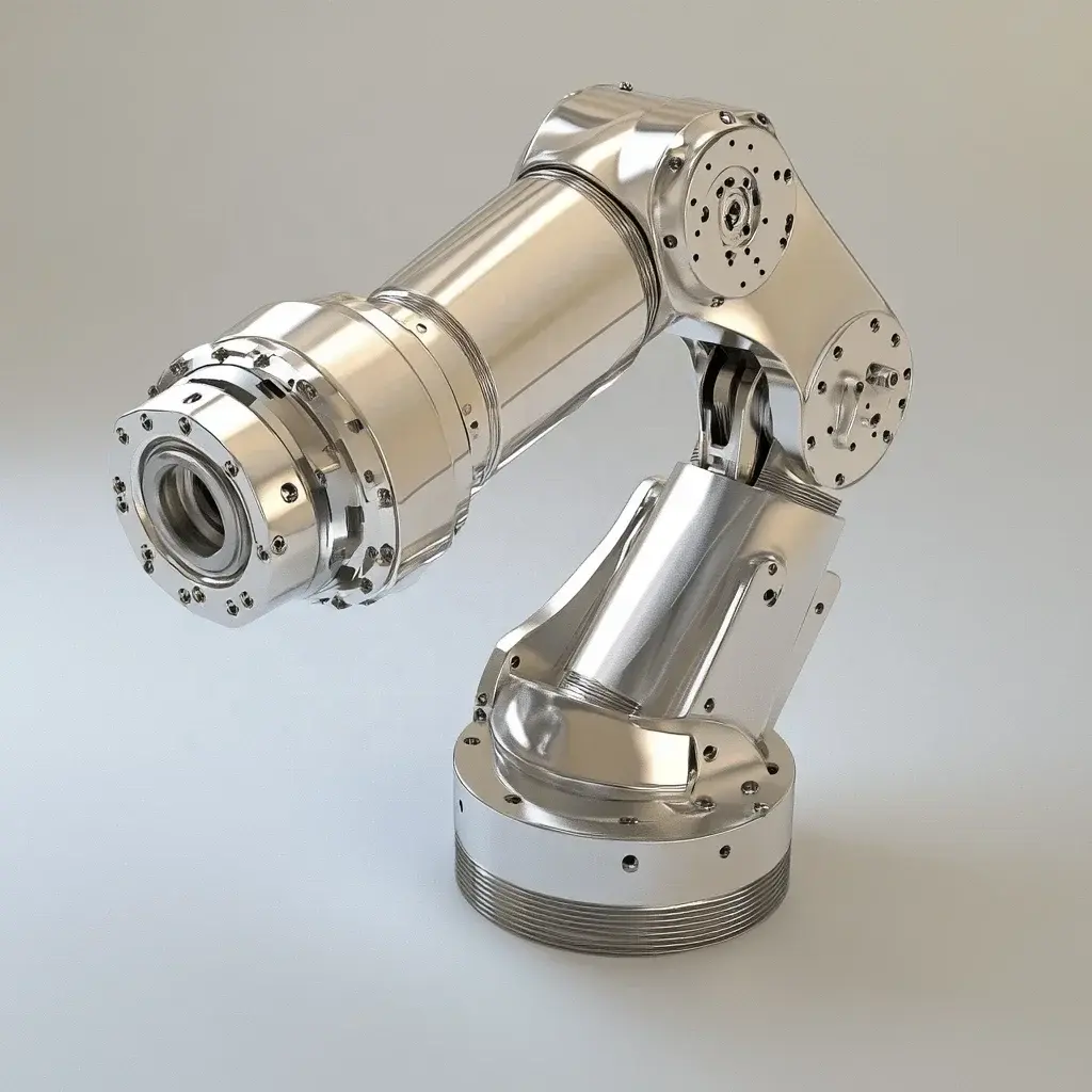 **Precision CNC-machined titanium alloy robotic arm assembly with articulated joints and actuator housing.**
