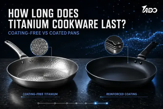 Coating-free titanium cookware and a titanium-reinforced coated pan compared for durability