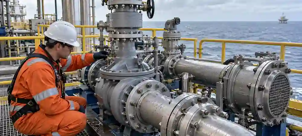 Engineer inspecting MAO-treated titanium pump, valve and piping components on an offshore platform