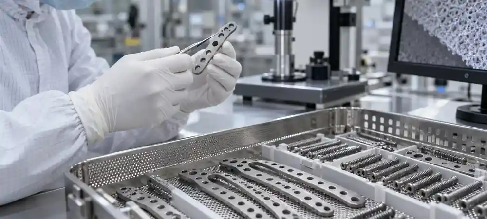Technician inspecting micro-arc-oxidized titanium orthopedic plates and screws in a medical cleanroom