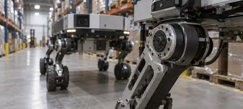 Close view of a mobile robot joint and structural component operating in a warehouse environment.