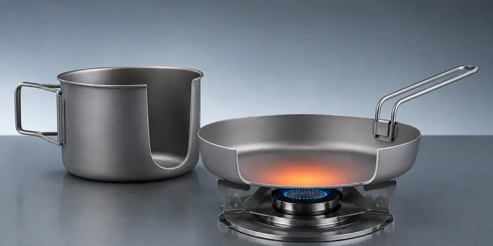 Single-layer pure titanium camping cookware showing concentrated heat above the burner